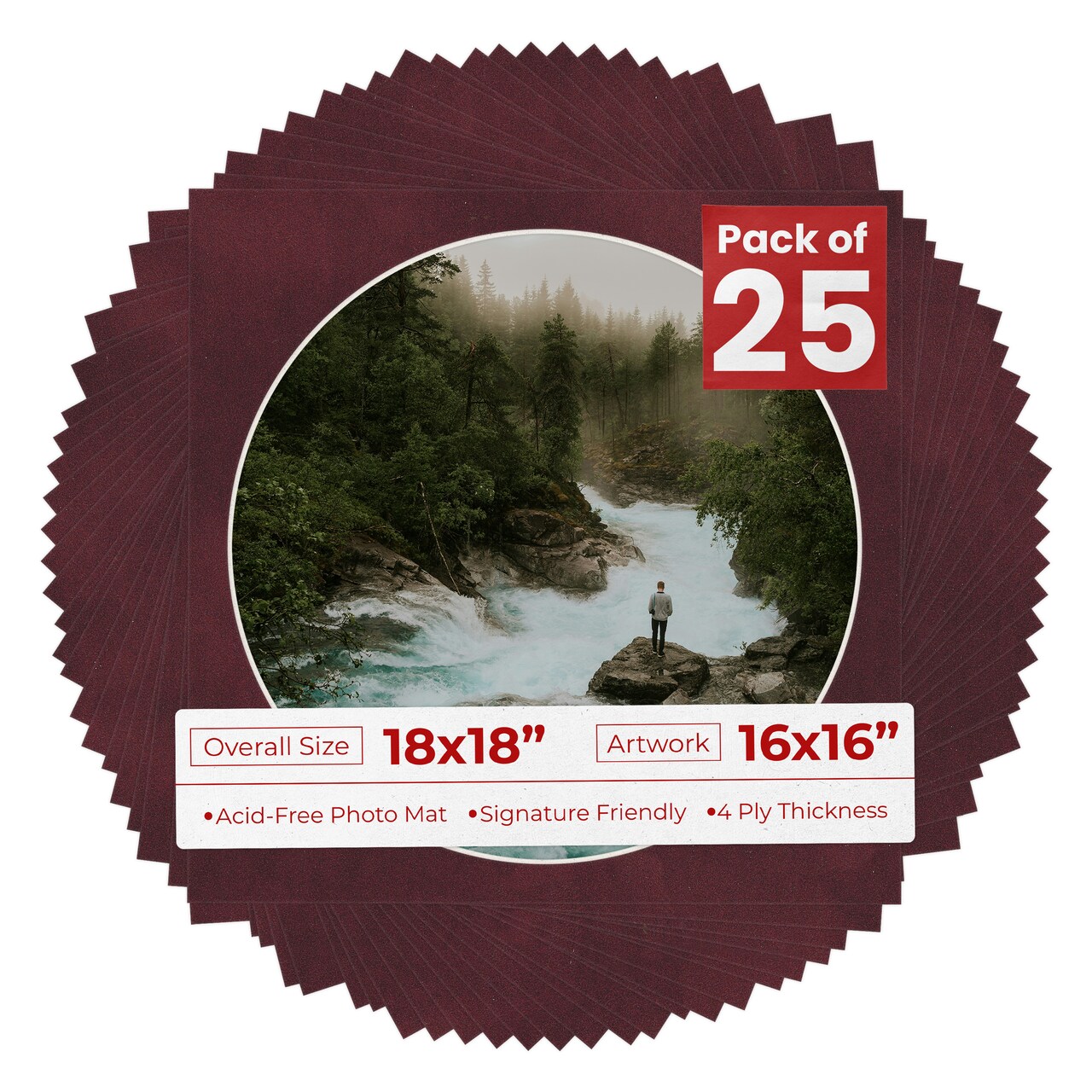 Dark Red Suede Mat Board for 18x18 Frames - Circle Opening for 16x16 Photos